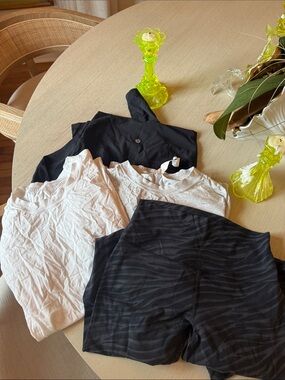Lot of Lulu lemon Activewear Set with Black Zebra Print Bike Shorts and Tops